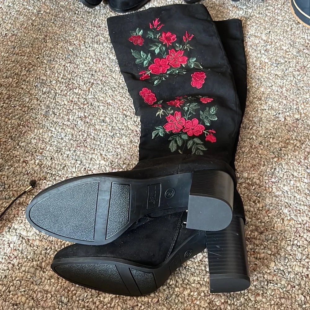 Libby Edelman Black Over the Knee Boots with Red Floral Embroidery